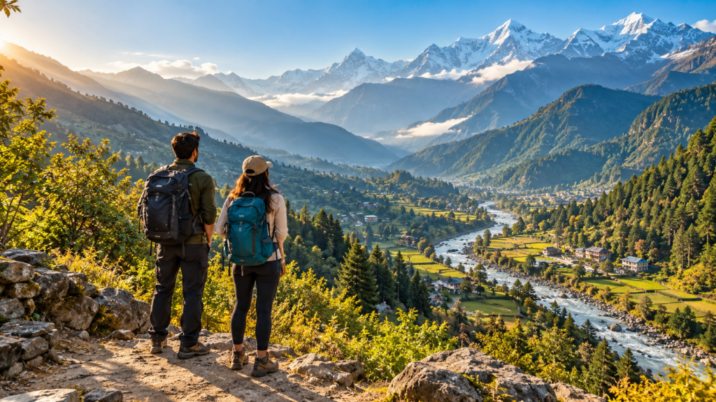 Two travellers overlooking a mountain valley