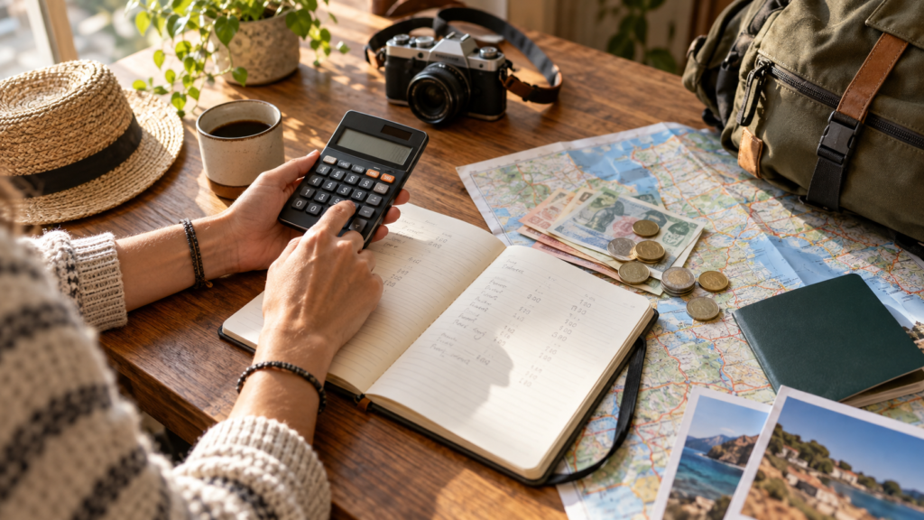 Traveller calculating a travel budget with a notebook and map