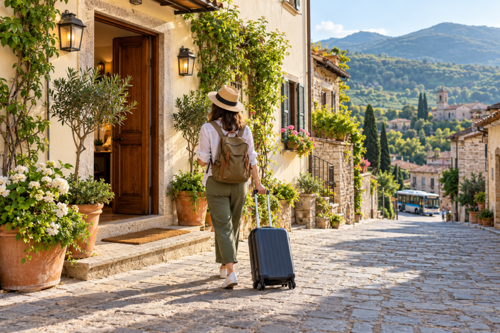 Traveller arriving at a guesthouse with a suitcase